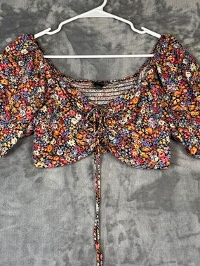 Wild Fable Floral Crop Top Puff Sleeve Tie Front Boho Cottagecore L